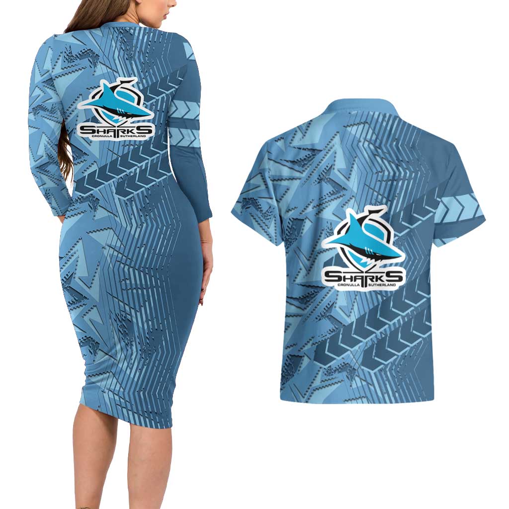 Cronulla Sutherland Sharks Rugby Couples Matching Long Sleeve Bodycon Dress and Hawaiian Shirt Fierce Mascot Geometric Tribal Art