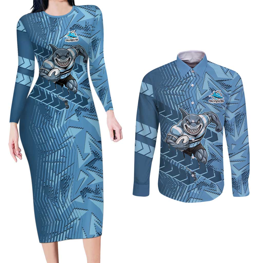 Cronulla Sutherland Sharks Rugby Couples Matching Long Sleeve Bodycon Dress and Long Sleeve Button Shirt Fierce Mascot Geometric Tribal Art