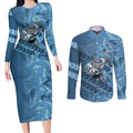 Cronulla Sutherland Sharks Rugby Couples Matching Long Sleeve Bodycon Dress and Long Sleeve Button Shirt Fierce Mascot Geometric Tribal Art