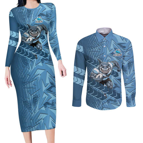 Cronulla Sutherland Sharks Rugby Couples Matching Long Sleeve Bodycon Dress and Long Sleeve Button Shirt Fierce Mascot Geometric Tribal Art