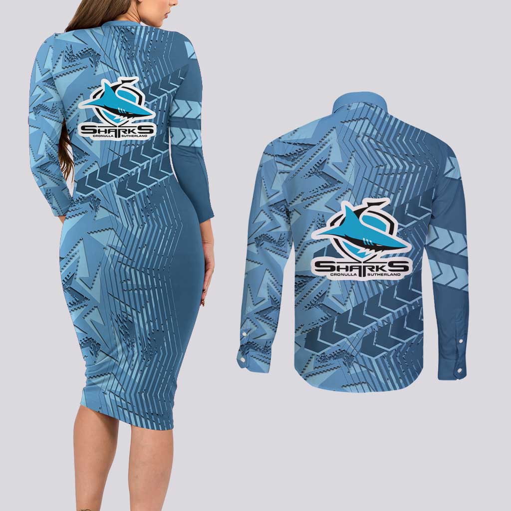 Cronulla Sutherland Sharks Rugby Couples Matching Long Sleeve Bodycon Dress and Long Sleeve Button Shirt Fierce Mascot Geometric Tribal Art