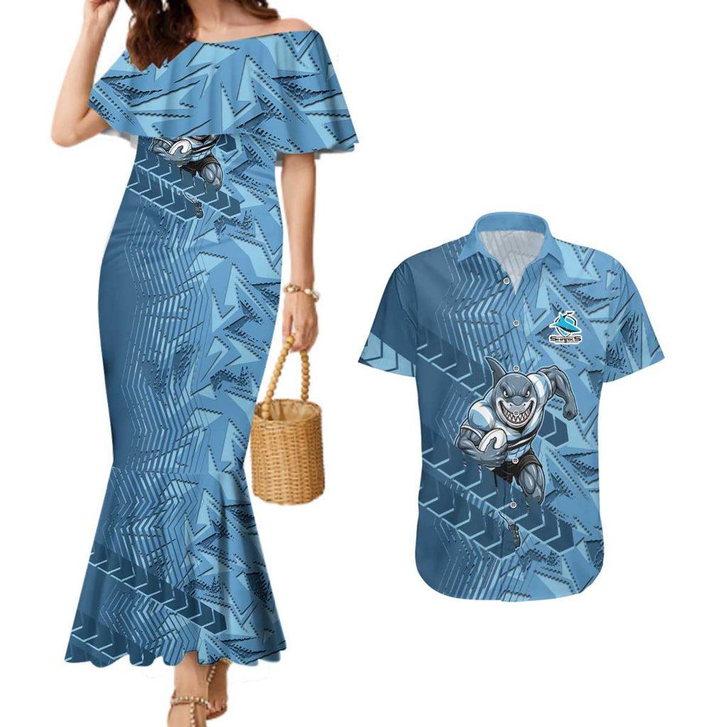 Cronulla Sutherland Sharks Rugby Couples Matching Mermaid Dress and Hawaiian Shirt Fierce Mascot Geometric Tribal Art