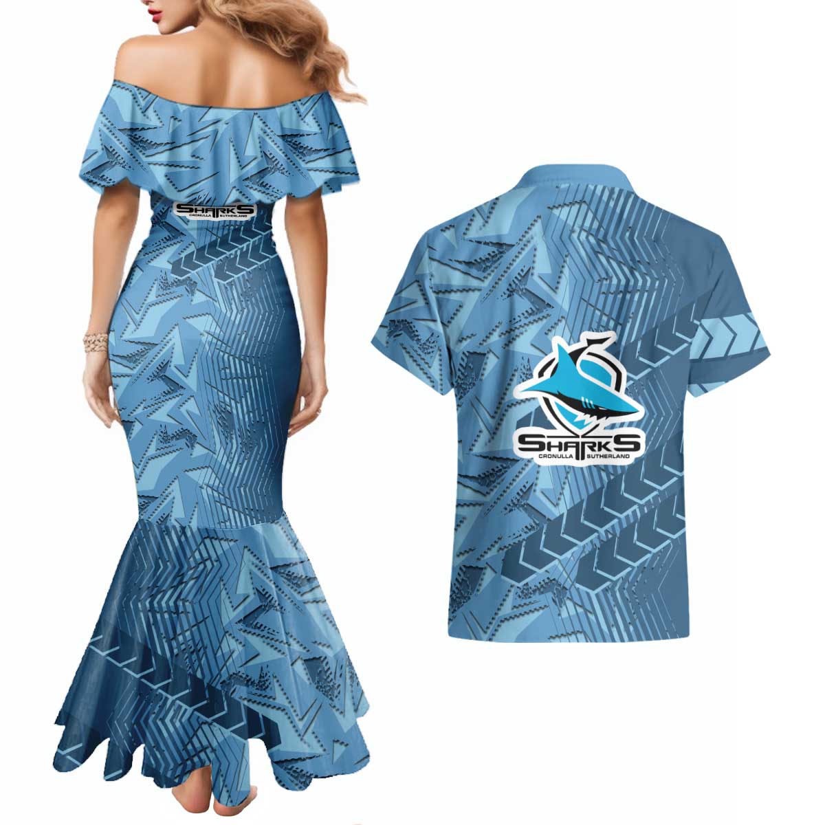 Cronulla Sutherland Sharks Rugby Couples Matching Mermaid Dress and Hawaiian Shirt Fierce Mascot Geometric Tribal Art