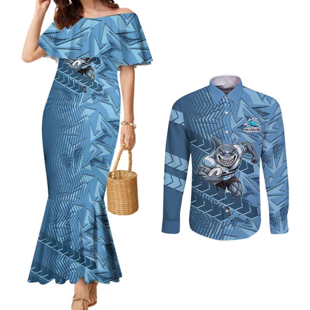 Cronulla Sutherland Sharks Rugby Couples Matching Mermaid Dress and Long Sleeve Button Shirt Fierce Mascot Geometric Tribal Art