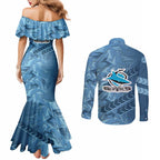 Cronulla Sutherland Sharks Rugby Couples Matching Mermaid Dress and Long Sleeve Button Shirt Fierce Mascot Geometric Tribal Art
