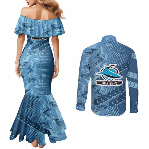 Cronulla Sutherland Sharks Rugby Couples Matching Mermaid Dress and Long Sleeve Button Shirt Fierce Mascot Geometric Tribal Art