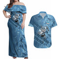 Cronulla Sutherland Sharks Rugby Couples Matching Off Shoulder Maxi Dress and Hawaiian Shirt Fierce Mascot Geometric Tribal Art