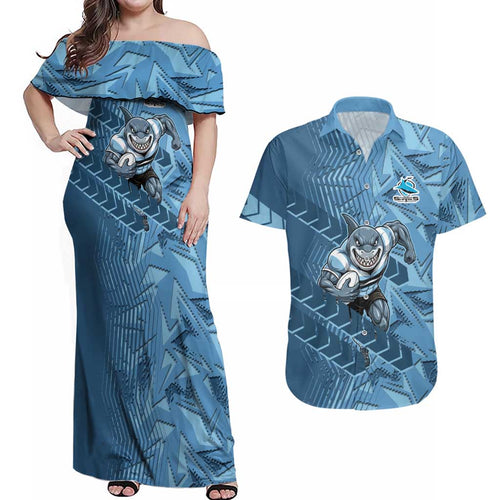 Cronulla Sutherland Sharks Rugby Couples Matching Off Shoulder Maxi Dress and Hawaiian Shirt Fierce Mascot Geometric Tribal Art