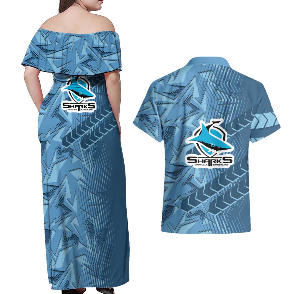 Cronulla Sutherland Sharks Rugby Couples Matching Off Shoulder Maxi Dress and Hawaiian Shirt Fierce Mascot Geometric Tribal Art