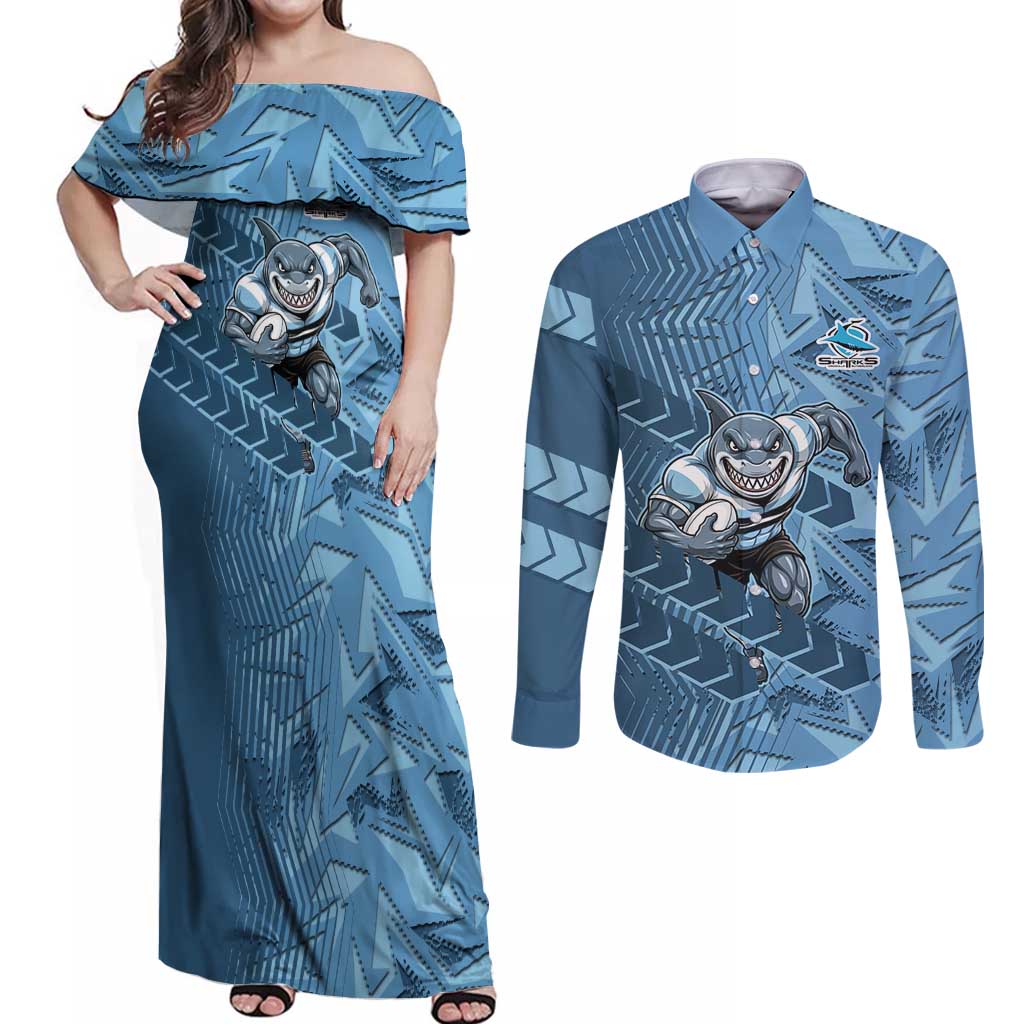 Cronulla Sutherland Sharks Rugby Couples Matching Off Shoulder Maxi Dress and Long Sleeve Button Shirt Fierce Mascot Geometric Tribal Art