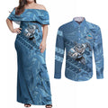 Cronulla Sutherland Sharks Rugby Couples Matching Off Shoulder Maxi Dress and Long Sleeve Button Shirt Fierce Mascot Geometric Tribal Art