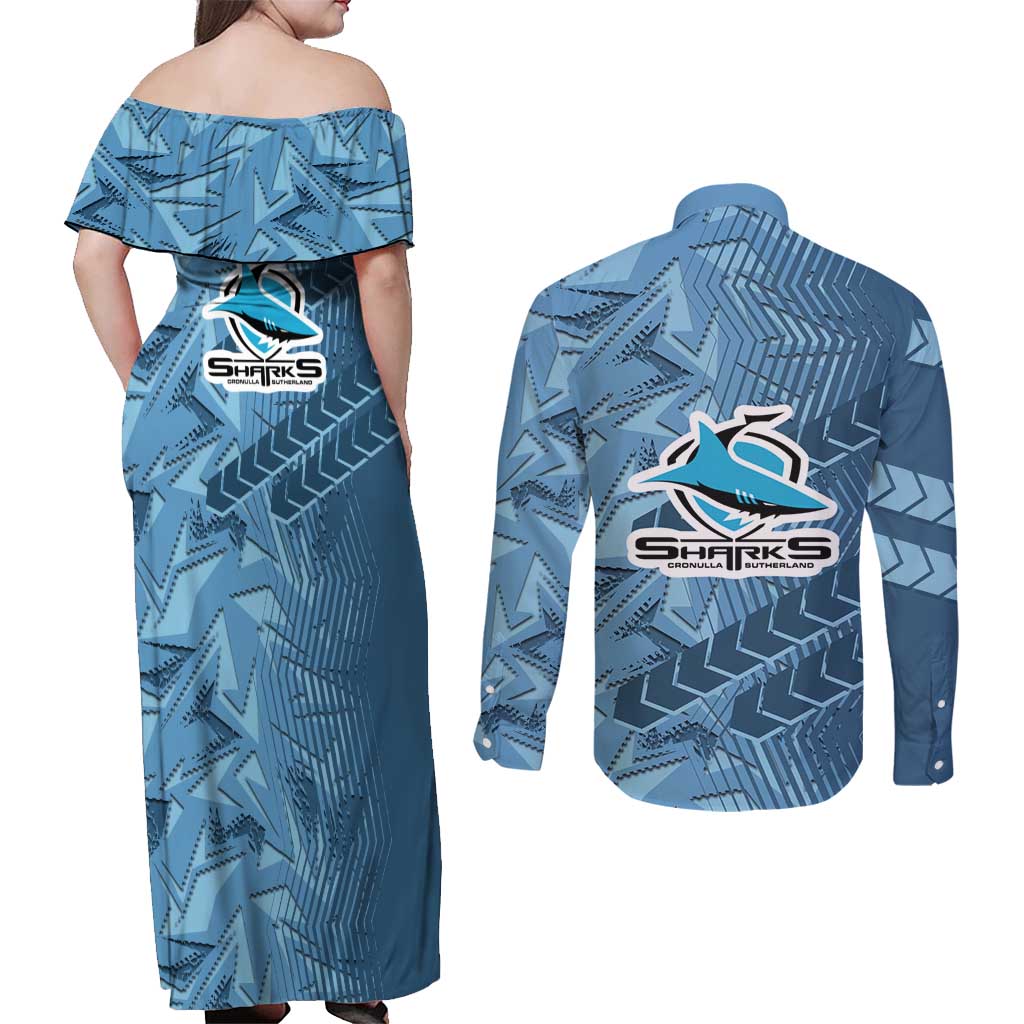 Cronulla Sutherland Sharks Rugby Couples Matching Off Shoulder Maxi Dress and Long Sleeve Button Shirt Fierce Mascot Geometric Tribal Art