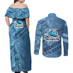 Cronulla Sutherland Sharks Rugby Couples Matching Off Shoulder Maxi Dress and Long Sleeve Button Shirt Fierce Mascot Geometric Tribal Art