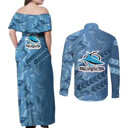 Cronulla Sutherland Sharks Rugby Couples Matching Off Shoulder Maxi Dress and Long Sleeve Button Shirt Fierce Mascot Geometric Tribal Art