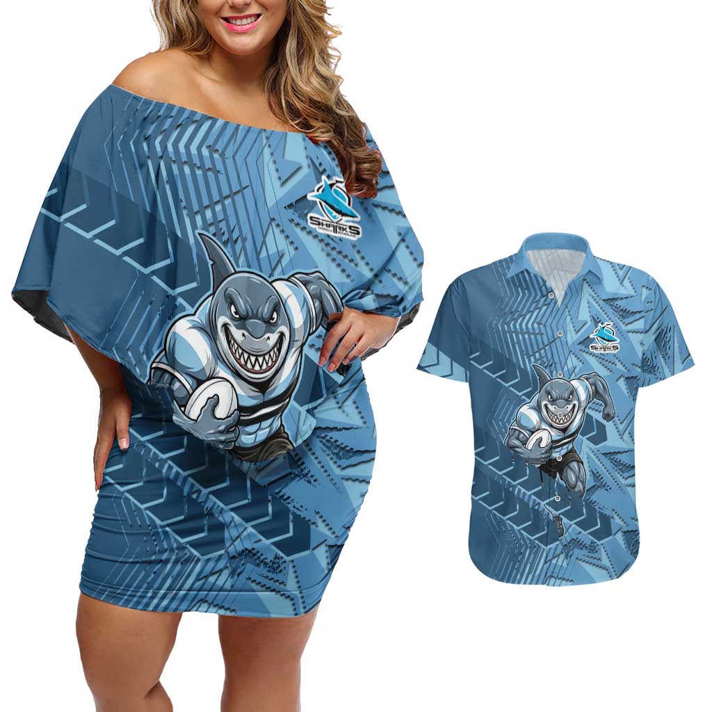 Cronulla Sutherland Sharks Rugby Couples Matching Off Shoulder Short Dress and Hawaiian Shirt Fierce Mascot Geometric Tribal Art