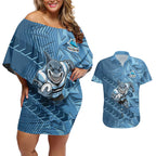 Cronulla Sutherland Sharks Rugby Couples Matching Off Shoulder Short Dress and Hawaiian Shirt Fierce Mascot Geometric Tribal Art