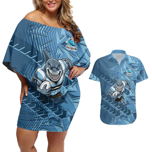 Cronulla Sutherland Sharks Rugby Couples Matching Off Shoulder Short Dress and Hawaiian Shirt Fierce Mascot Geometric Tribal Art