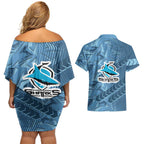 Cronulla Sutherland Sharks Rugby Couples Matching Off Shoulder Short Dress and Hawaiian Shirt Fierce Mascot Geometric Tribal Art
