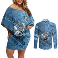 Cronulla Sutherland Sharks Rugby Couples Matching Off Shoulder Short Dress and Long Sleeve Button Shirt Fierce Mascot Geometric Tribal Art