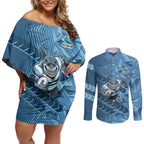 Cronulla Sutherland Sharks Rugby Couples Matching Off Shoulder Short Dress and Long Sleeve Button Shirt Fierce Mascot Geometric Tribal Art