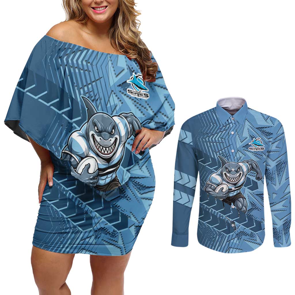 Cronulla Sutherland Sharks Rugby Couples Matching Off Shoulder Short Dress and Long Sleeve Button Shirt Fierce Mascot Geometric Tribal Art