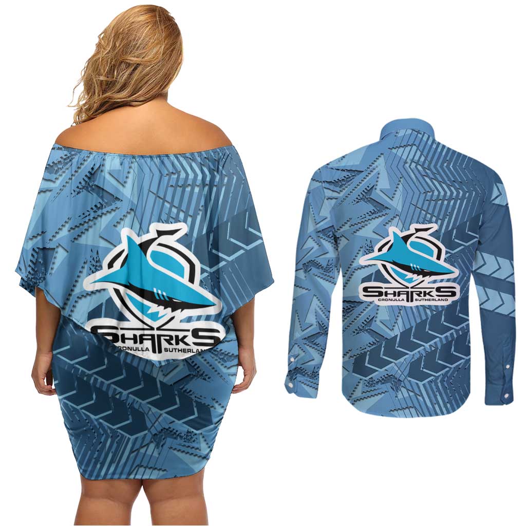 Cronulla Sutherland Sharks Rugby Couples Matching Off Shoulder Short Dress and Long Sleeve Button Shirt Fierce Mascot Geometric Tribal Art