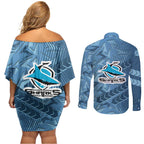 Cronulla Sutherland Sharks Rugby Couples Matching Off Shoulder Short Dress and Long Sleeve Button Shirt Fierce Mascot Geometric Tribal Art