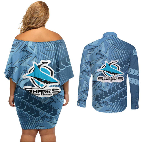 Cronulla Sutherland Sharks Rugby Couples Matching Off Shoulder Short Dress and Long Sleeve Button Shirt Fierce Mascot Geometric Tribal Art