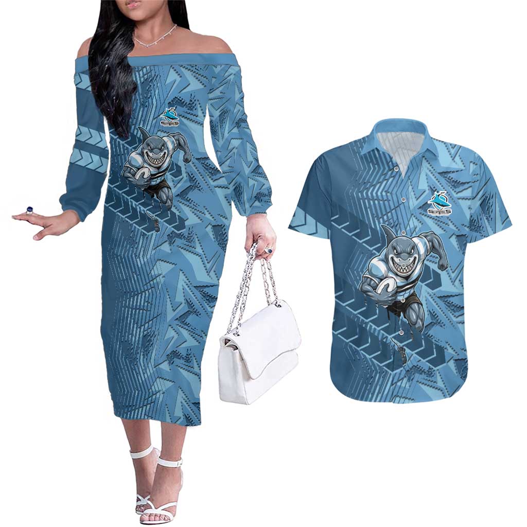 Cronulla Sutherland Sharks Rugby Couples Matching Off The Shoulder Long Sleeve Dress and Hawaiian Shirt Fierce Mascot Geometric Tribal Art