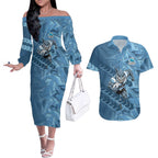 Cronulla Sutherland Sharks Rugby Couples Matching Off The Shoulder Long Sleeve Dress and Hawaiian Shirt Fierce Mascot Geometric Tribal Art