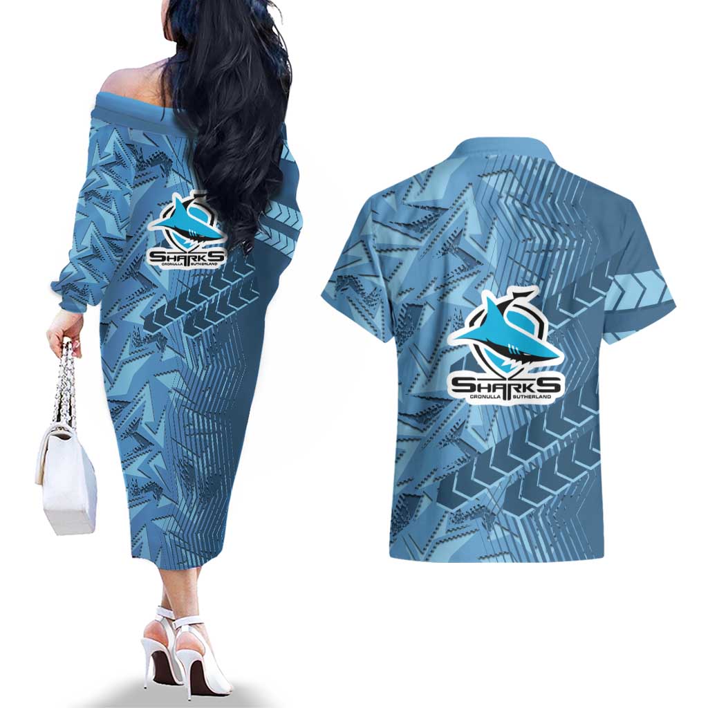 Cronulla Sutherland Sharks Rugby Couples Matching Off The Shoulder Long Sleeve Dress and Hawaiian Shirt Fierce Mascot Geometric Tribal Art