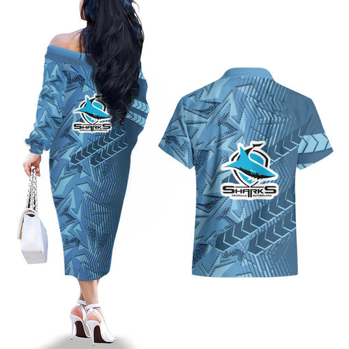 Cronulla Sutherland Sharks Rugby Couples Matching Off The Shoulder Long Sleeve Dress and Hawaiian Shirt Fierce Mascot Geometric Tribal Art