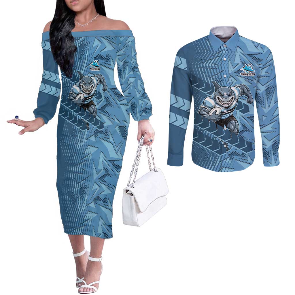 Cronulla Sutherland Sharks Rugby Couples Matching Off The Shoulder Long Sleeve Dress and Long Sleeve Button Shirt Fierce Mascot Geometric Tribal Art