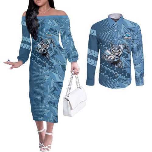 Cronulla Sutherland Sharks Rugby Couples Matching Off The Shoulder Long Sleeve Dress and Long Sleeve Button Shirt Fierce Mascot Geometric Tribal Art