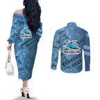 Cronulla Sutherland Sharks Rugby Couples Matching Off The Shoulder Long Sleeve Dress and Long Sleeve Button Shirt Fierce Mascot Geometric Tribal Art
