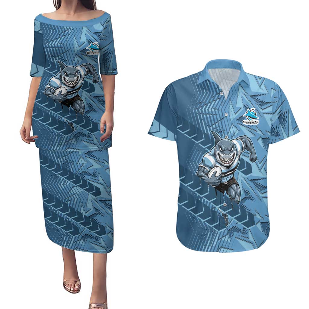 Cronulla Sutherland Sharks Rugby Couples Matching Puletasi and Hawaiian Shirt Fierce Mascot Geometric Tribal Art
