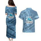 Cronulla Sutherland Sharks Rugby Couples Matching Puletasi and Hawaiian Shirt Fierce Mascot Geometric Tribal Art