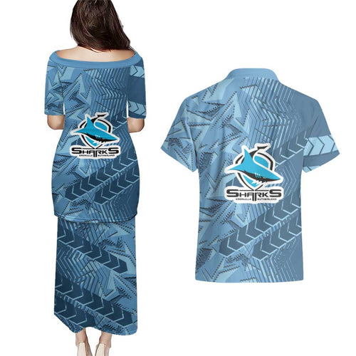 Cronulla Sutherland Sharks Rugby Couples Matching Puletasi and Hawaiian Shirt Fierce Mascot Geometric Tribal Art