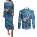 Cronulla Sutherland Sharks Rugby Couples Matching Puletasi and Long Sleeve Button Shirt Fierce Mascot Geometric Tribal Art