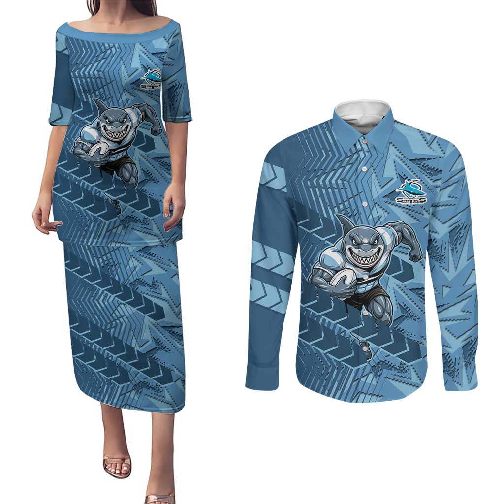 Cronulla Sutherland Sharks Rugby Couples Matching Puletasi and Long Sleeve Button Shirt Fierce Mascot Geometric Tribal Art