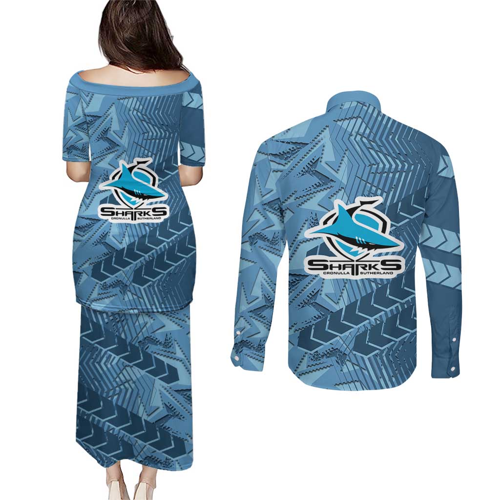 Cronulla Sutherland Sharks Rugby Couples Matching Puletasi and Long Sleeve Button Shirt Fierce Mascot Geometric Tribal Art
