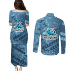 Cronulla Sutherland Sharks Rugby Couples Matching Puletasi and Long Sleeve Button Shirt Fierce Mascot Geometric Tribal Art