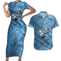 Cronulla Sutherland Sharks Rugby Couples Matching Short Sleeve Bodycon Dress and Hawaiian Shirt Fierce Mascot Geometric Tribal Art