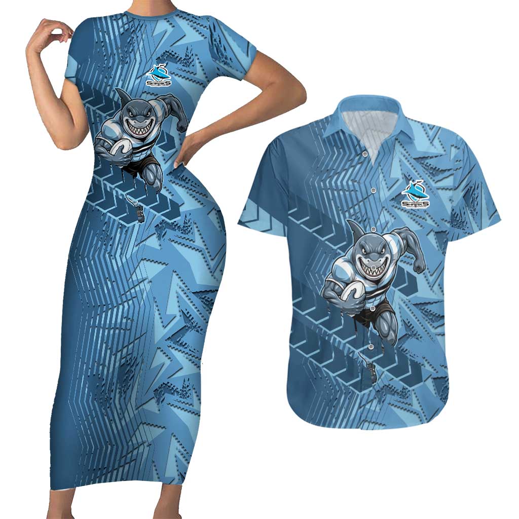 Cronulla Sutherland Sharks Rugby Couples Matching Short Sleeve Bodycon Dress and Hawaiian Shirt Fierce Mascot Geometric Tribal Art
