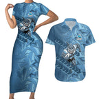 Cronulla Sutherland Sharks Rugby Couples Matching Short Sleeve Bodycon Dress and Hawaiian Shirt Fierce Mascot Geometric Tribal Art