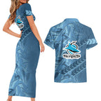 Cronulla Sutherland Sharks Rugby Couples Matching Short Sleeve Bodycon Dress and Hawaiian Shirt Fierce Mascot Geometric Tribal Art