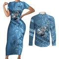 Cronulla Sutherland Sharks Rugby Couples Matching Short Sleeve Bodycon Dress and Long Sleeve Button Shirt Fierce Mascot Geometric Tribal Art