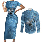 Cronulla Sutherland Sharks Rugby Couples Matching Short Sleeve Bodycon Dress and Long Sleeve Button Shirt Fierce Mascot Geometric Tribal Art