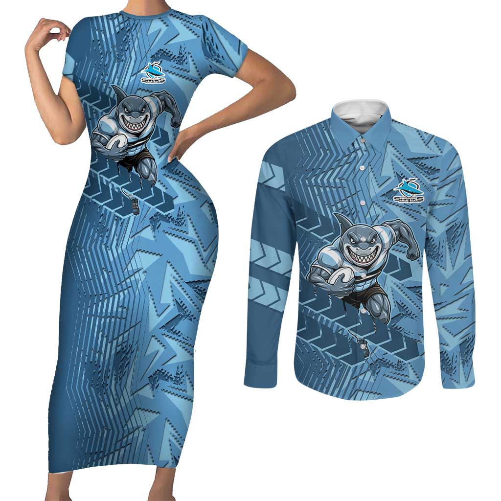 Cronulla Sutherland Sharks Rugby Couples Matching Short Sleeve Bodycon Dress and Long Sleeve Button Shirt Fierce Mascot Geometric Tribal Art