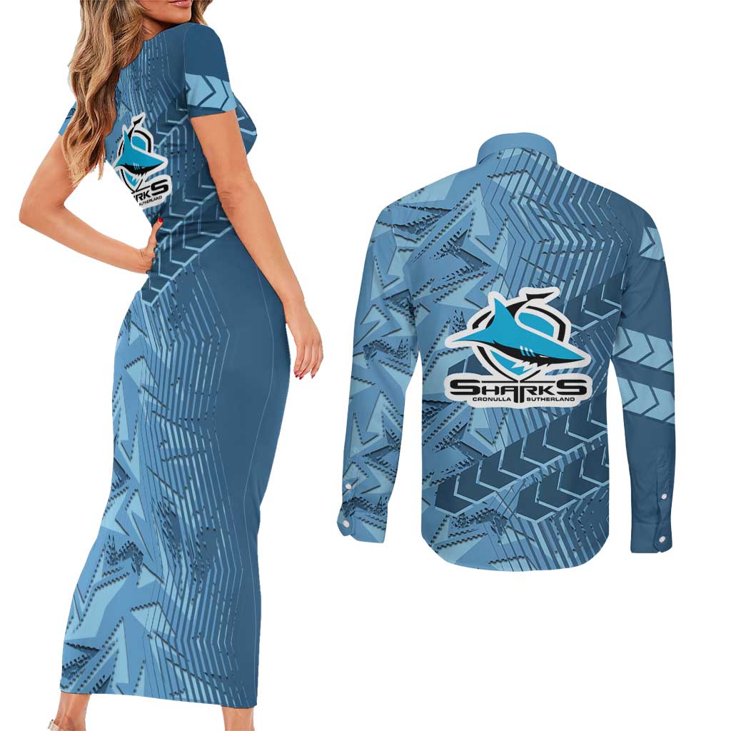 Cronulla Sutherland Sharks Rugby Couples Matching Short Sleeve Bodycon Dress and Long Sleeve Button Shirt Fierce Mascot Geometric Tribal Art